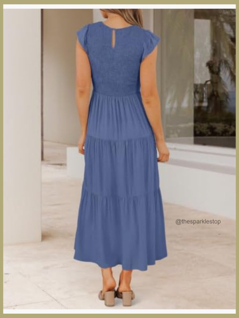 Flutter Short Sleeve Smocked Elastic Waist Tiered Midi Dress Casual Summer - Picture 5 of 7